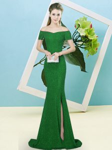 Elegant Sweep Train Mermaid Prom Party Dress Green Off The Shoulder Sequined Short Sleeves Zipper