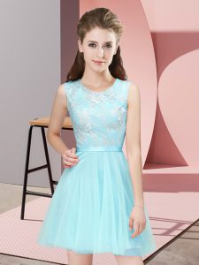 Aqua Blue A-line Lace Bridesmaid Dresses Side Zipper Tulle Sleeveless Mini Length