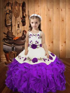 Cute Sleeveless Floor Length Embroidery and Ruffles Lace Up Kids Pageant Dress with Eggplant Purple