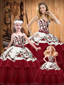 Spectacular Wine Red Ball Gowns Embroidery and Ruffled Layers Quince Ball Gowns Lace Up Satin and Organza Sleeveless
