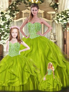 Cheap Olive Green Sleeveless Floor Length Beading and Ruffles Lace Up Vestidos de Quinceanera