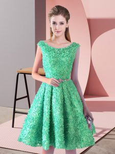 A-line Prom Dresses Turquoise Scoop Lace Sleeveless Knee Length Lace Up
