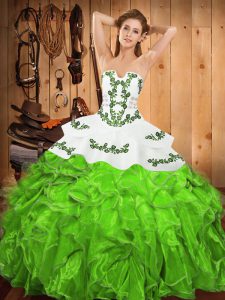 Strapless Sleeveless Satin and Organza Quince Ball Gowns Embroidery and Ruffles Lace Up