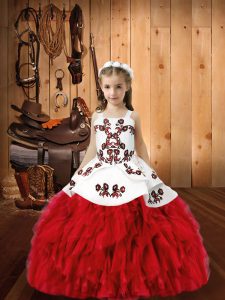 Sleeveless Floor Length Embroidery and Ruffles Lace Up Child Pageant Dress with Red