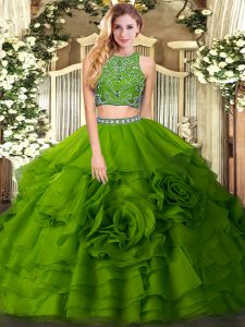 Fantastic Olive Green Two Pieces Beading and Ruffled Layers Quinceanera Dresses Zipper Tulle Sleeveless Floor Length