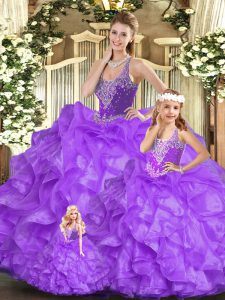 New Arrival Straps Sleeveless Organza Quinceanera Gown Beading and Ruffles Lace Up