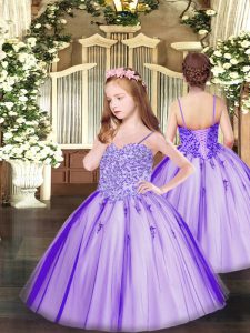 Glorious Lavender Pageant Gowns For Girls Party and Quinceanera with Appliques Spaghetti Straps Sleeveless Lace Up