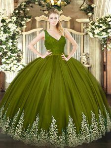 Fitting Floor Length Olive Green Quinceanera Gown V-neck Sleeveless Backless