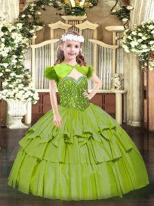 Custom Fit Olive Green Lace Up Little Girl Pageant Gowns Beading and Ruffled Layers Sleeveless Floor Length