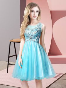 Knee Length Aqua Blue Scoop Sleeveless Zipper
