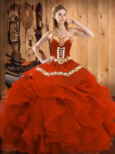 Excellent Rust Red Satin and Organza Lace Up Quinceanera Dress Sleeveless Floor Length Embroidery and Ruffles