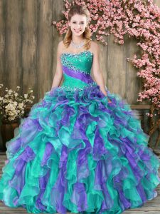 Simple Organza Sweetheart Sleeveless Lace Up Beading and Ruffles 15 Quinceanera Dress in Multi-color
