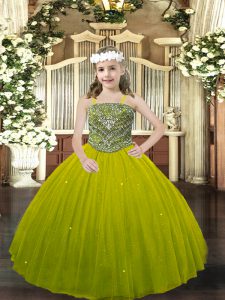Olive Green Ball Gowns Straps Sleeveless Tulle Floor Length Lace Up Beading Little Girl Pageant Dress