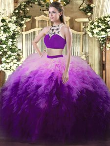 Eye-catching Beading and Ruffles 15 Quinceanera Dress Multi-color Backless Sleeveless Floor Length