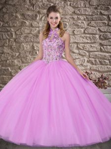 Lilac Sleeveless Tulle Brush Train Lace Up Quinceanera Gowns for Military Ball and Sweet 16 and Quinceanera