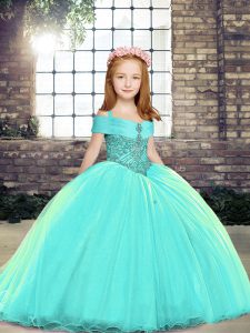 Hot Sale Sleeveless Brush Train Lace Up Little Girls Pageant Gowns in Aqua Blue with Beading