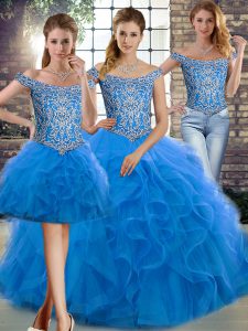 Clearance Blue Sleeveless Tulle Brush Train Lace Up Ball Gown Prom Dress for Military Ball and Sweet 16 and Quinceanera