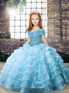 Custom Fit Aqua Blue Kids Formal Wear Organza Brush Train Sleeveless Beading and Ruffled Layers