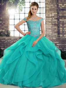 Captivating Off The Shoulder Sleeveless Brush Train Lace Up Sweet 16 Dress Aqua Blue Tulle