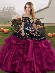 Low Price Off The Shoulder Sleeveless Quinceanera Dress Floor Length Embroidery and Ruffles Fuchsia Organza