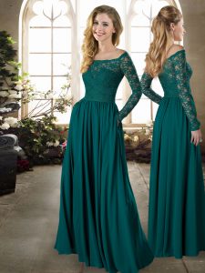 Floor Length Empire Long Sleeves Peacock Green Damas Dress Zipper
