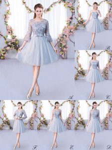 Grey Bridesmaid Dresses Wedding Party with Lace and Belt Scoop 3 4 Length Sleeve Lace Up