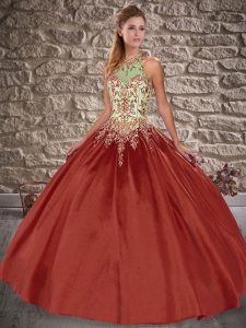 Low Price Rust Red Halter Top Neckline Embroidery Quinceanera Dress Sleeveless Lace Up