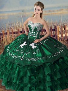 Inexpensive Green Lace Up Sweetheart Embroidery and Ruffles 15 Quinceanera Dress Organza Sleeveless