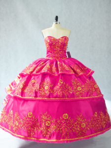 Sleeveless Organza Lace Up 15 Quinceanera Dress in Hot Pink with Embroidery and Ruffled Layers
