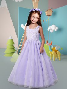 Floor Length Lavender Toddler Flower Girl Dress Straps Sleeveless Zipper