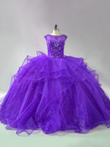 Sleeveless Beading and Ruffles Lace Up 15 Quinceanera Dress with Purple Brush Train