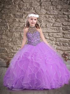 Latest Sleeveless Floor Length Beading and Ruffles Lace Up Little Girls Pageant Dress with Lavender
