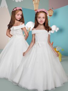 Flare Lace and Belt Flower Girl Dress White Zipper Sleeveless Floor Length
