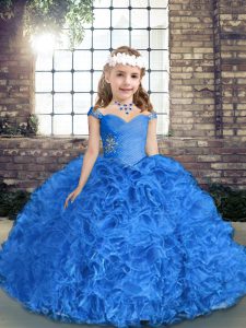 Sleeveless Floor Length Beading and Ruching Lace Up Little Girls Pageant Gowns with Royal Blue