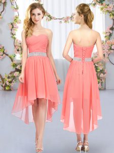 Watermelon Red Sleeveless Belt High Low Wedding Party Dress