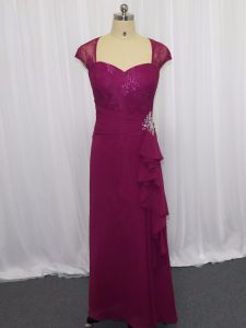 Sweetheart Cap Sleeves Mother Of The Bride Dress Floor Length Beading and Lace and Appliques Fuchsia Chiffon