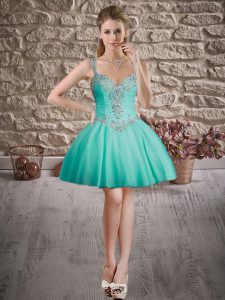 Sleeveless Mini Length Beading Lace Up Club Wear with Turquoise