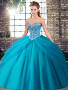 Superior Aqua Blue Sweet 16 Dress Military Ball and Sweet 16 and Quinceanera with Beading and Pick Ups Sweetheart Sleeveless Brush Train Lace Up