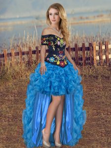 Clearance Sleeveless High Low Embroidery and Ruffles Lace Up Homecoming Dress with Blue And Black