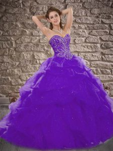 Purple Quince Ball Gowns Tulle Brush Train Sleeveless Beading and Pick Ups