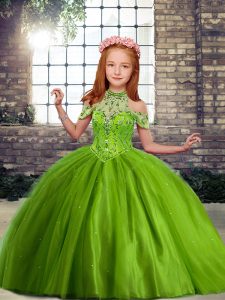 Olive Green Ball Gowns Tulle Off The Shoulder Sleeveless Beading Floor Length Lace Up Glitz Pageant Dress