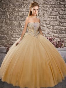 Colorful Ball Gowns 15th Birthday Dress Champagne Strapless Tulle Sleeveless Floor Length Lace Up