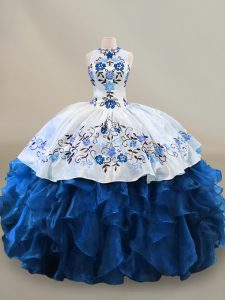 Floor Length Blue And White Sweet 16 Dress Halter Top Sleeveless Lace Up