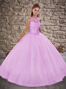 Lilac Sleeveless Floor Length Beading Lace Up Quinceanera Gown