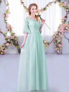 Light Blue Half Sleeves Floor Length Lace and Belt Side Zipper Bridesmaids Dress