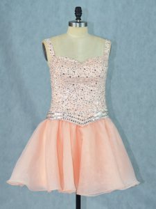 Traditional Peach A-line Organza Straps Sleeveless Beading Mini Length Lace Up Dress for Prom