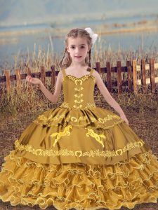 Gold Straps Lace Up Beading and Embroidery and Ruffled Layers Little Girls Pageant Dress Wholesale Sleeveless