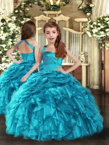 Baby Blue Organza Lace Up Straps Sleeveless Floor Length Kids Formal Wear Ruffles and Ruching