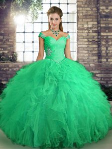 Turquoise Ball Gowns Beading and Ruffles Ball Gown Prom Dress Lace Up Tulle Sleeveless Floor Length