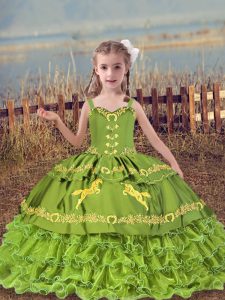Custom Design Olive Green Straps Neckline Beading and Embroidery and Ruffled Layers Little Girl Pageant Dress Sleeveless Lace Up